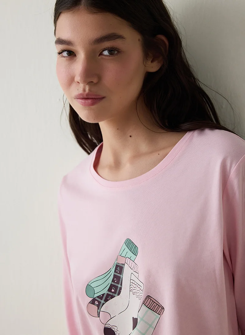 بنتي طقم بيجامة بأكمام طويلة وياقة دائرية بنقشة زهور الخريف